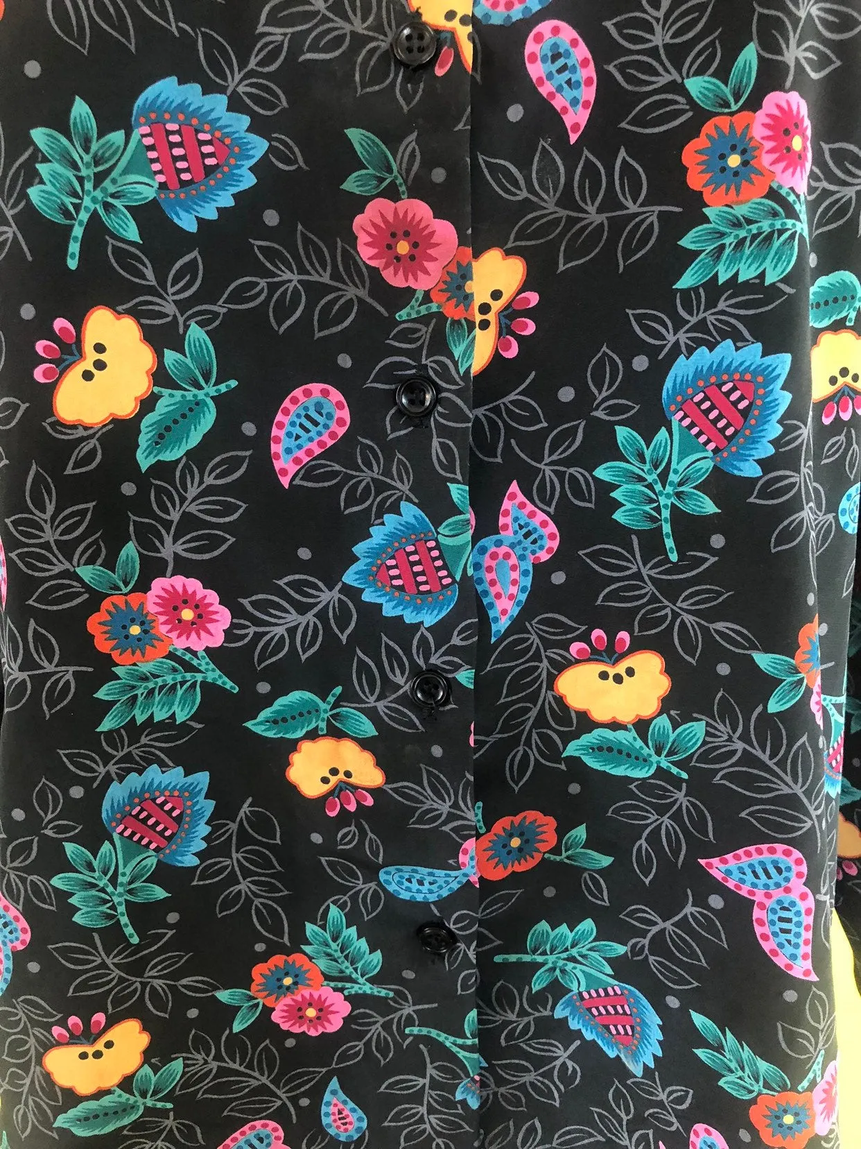 80s 90s Vintage Floral Blouse Bold 1980s Top Black Flowers Womens Shirt 80s Top